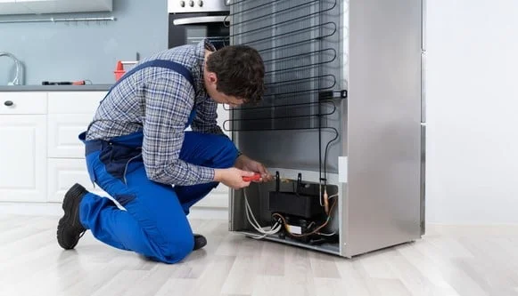 Thermador refrigerator repair technician fixing cooling system in Los Angeles home